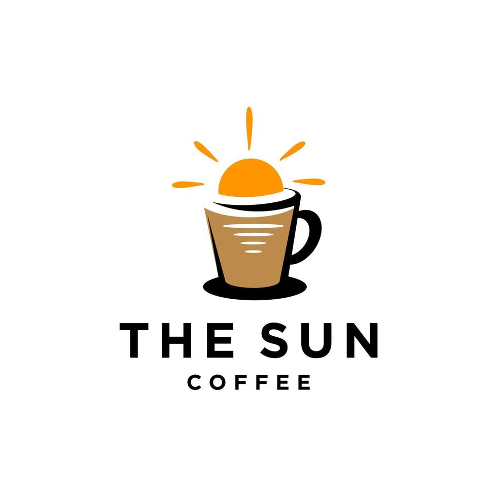 coffee logo with sun rise and sea water in modern line outline style vector icon template