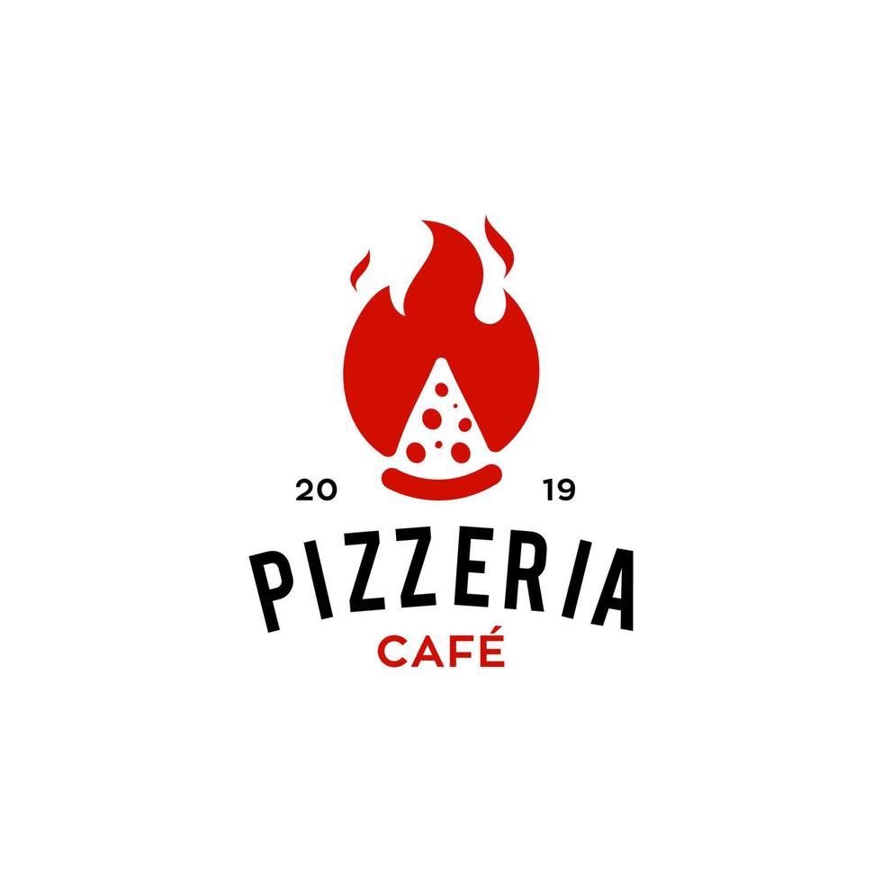 logotipo de pizza caliente con llama de fuego icono caliente picante para un negocio de café y restaurante vector