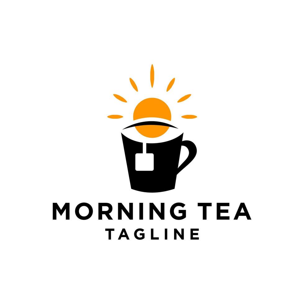 tea logo with sun rise and sea water in modern line outline style vector icon template