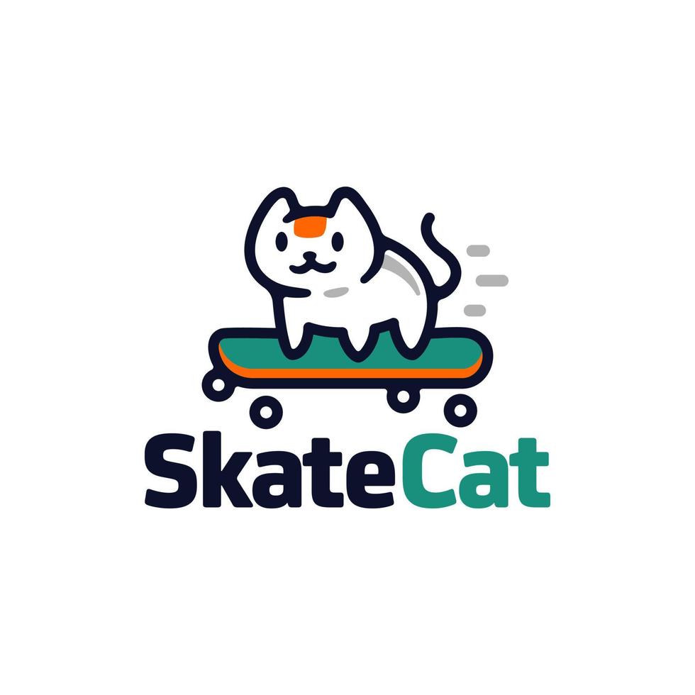 lindo logo de monopatín de gato. logotipo de ilustración de dibujos animados con un gato pequeño en una patineta vector