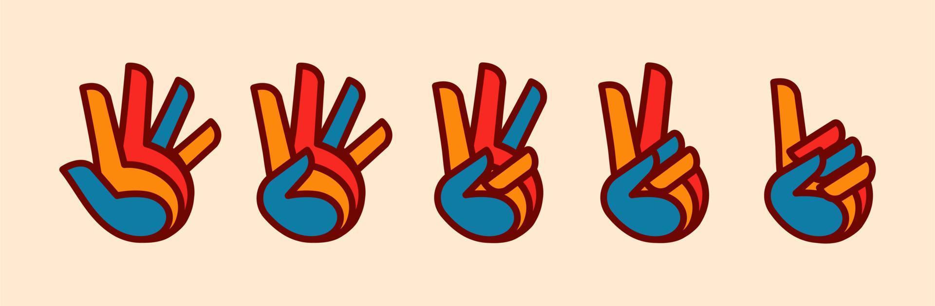 hands showing numbers, hand gesture count 1 2 3 4 and 5 vector icon illustration in trendy cartoon filled line style set Illustration, counting hand vector design.