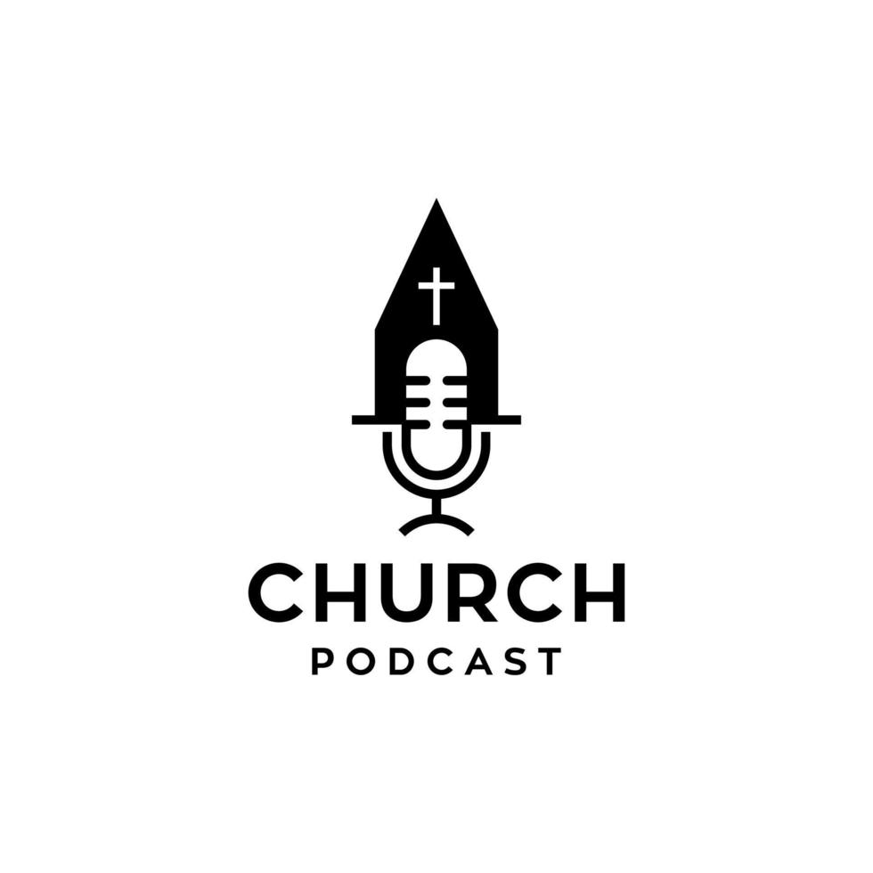 church Christian podcast logo with microphone icon in trendy minimal modern illustration style vector