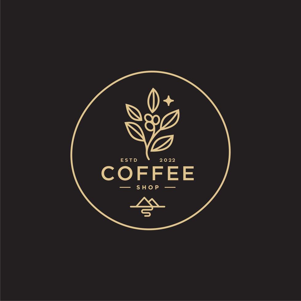 coffee shop logo. retro badge coffee bean and leaf branch with mountain natural icon line stamp logo vector design in vintage hipster modern style, premium coffee shop bar brand symbol icon