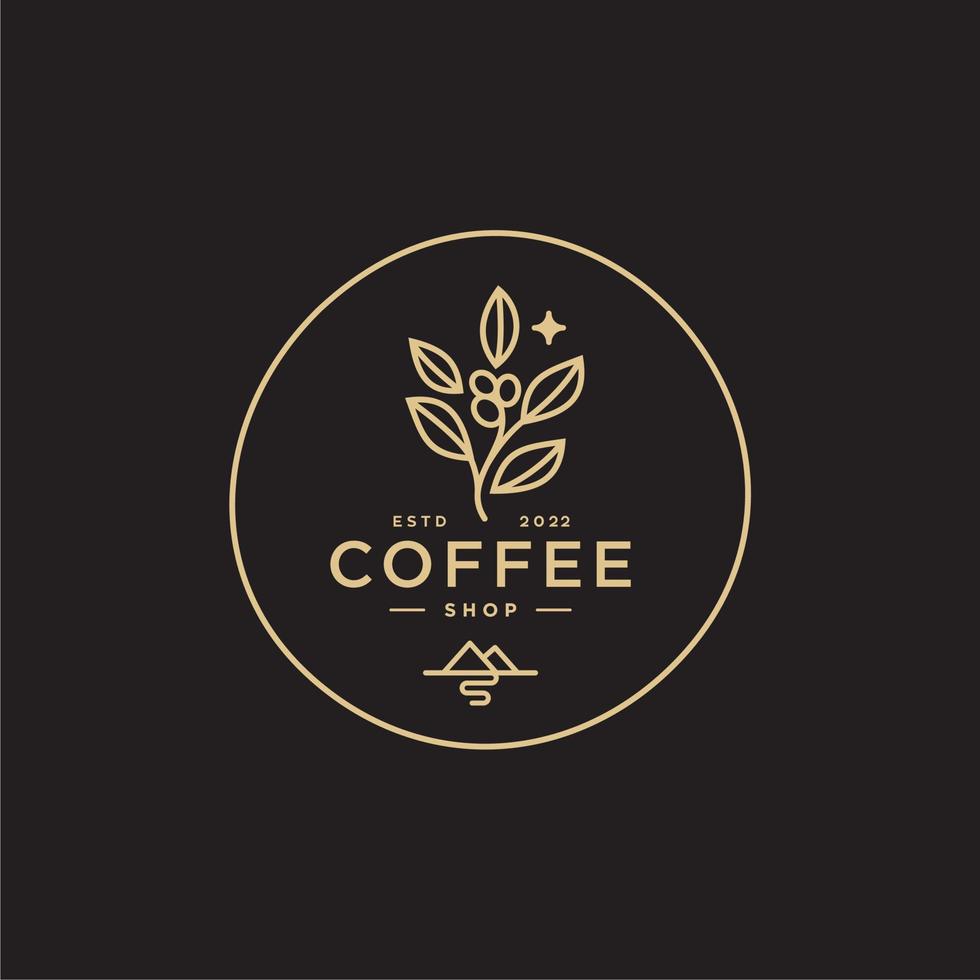 logotipo de la cafetería. insignia retro grano de café y rama de hoja con icono natural de montaña línea sello logotipo vector diseño en estilo moderno hipster vintage, icono de símbolo de marca de barra de cafetería premium