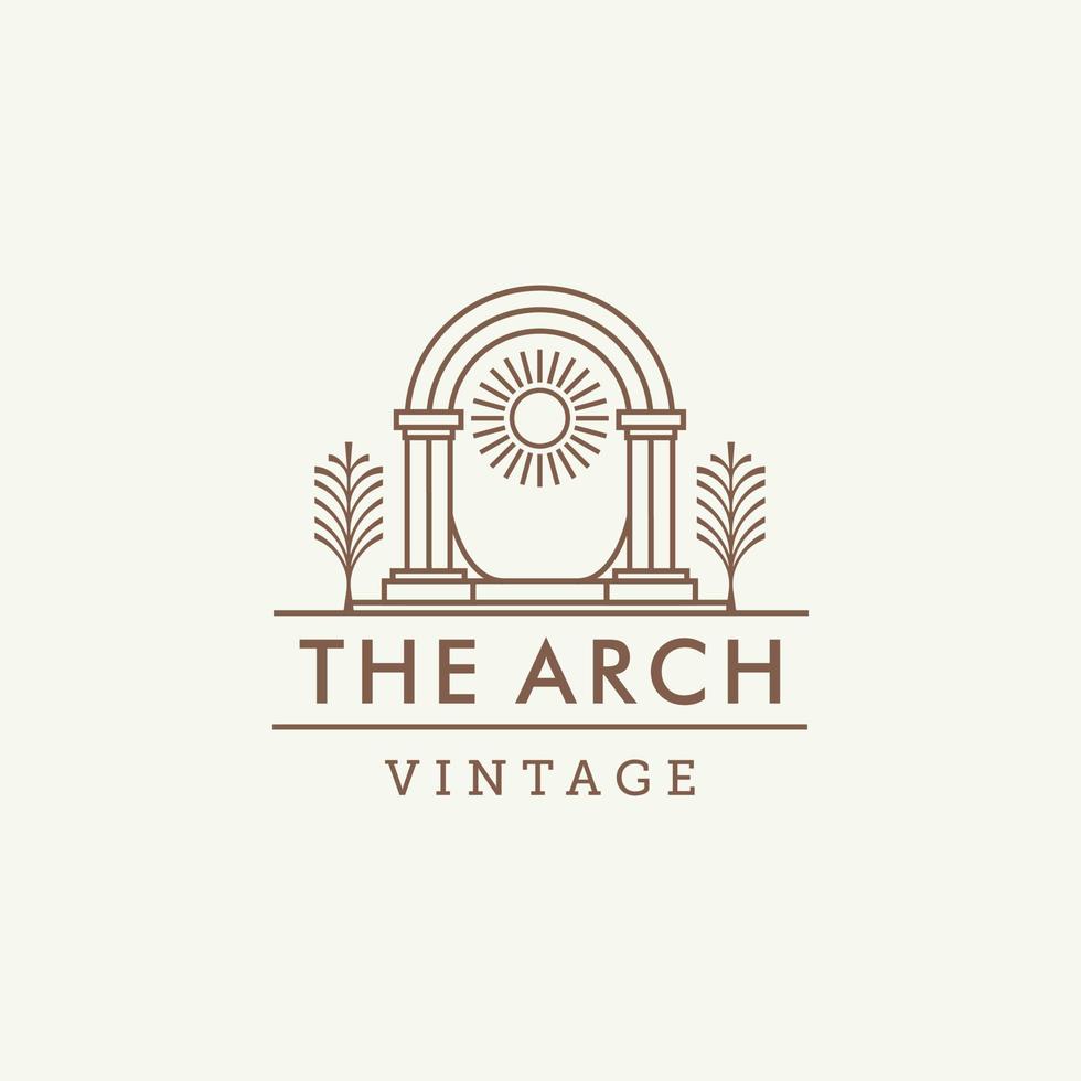 mystic sun doorway logo, antique arch architecture entrance and stairway icon, with door, window and palm trees in contemporary aesthetic boho style vector