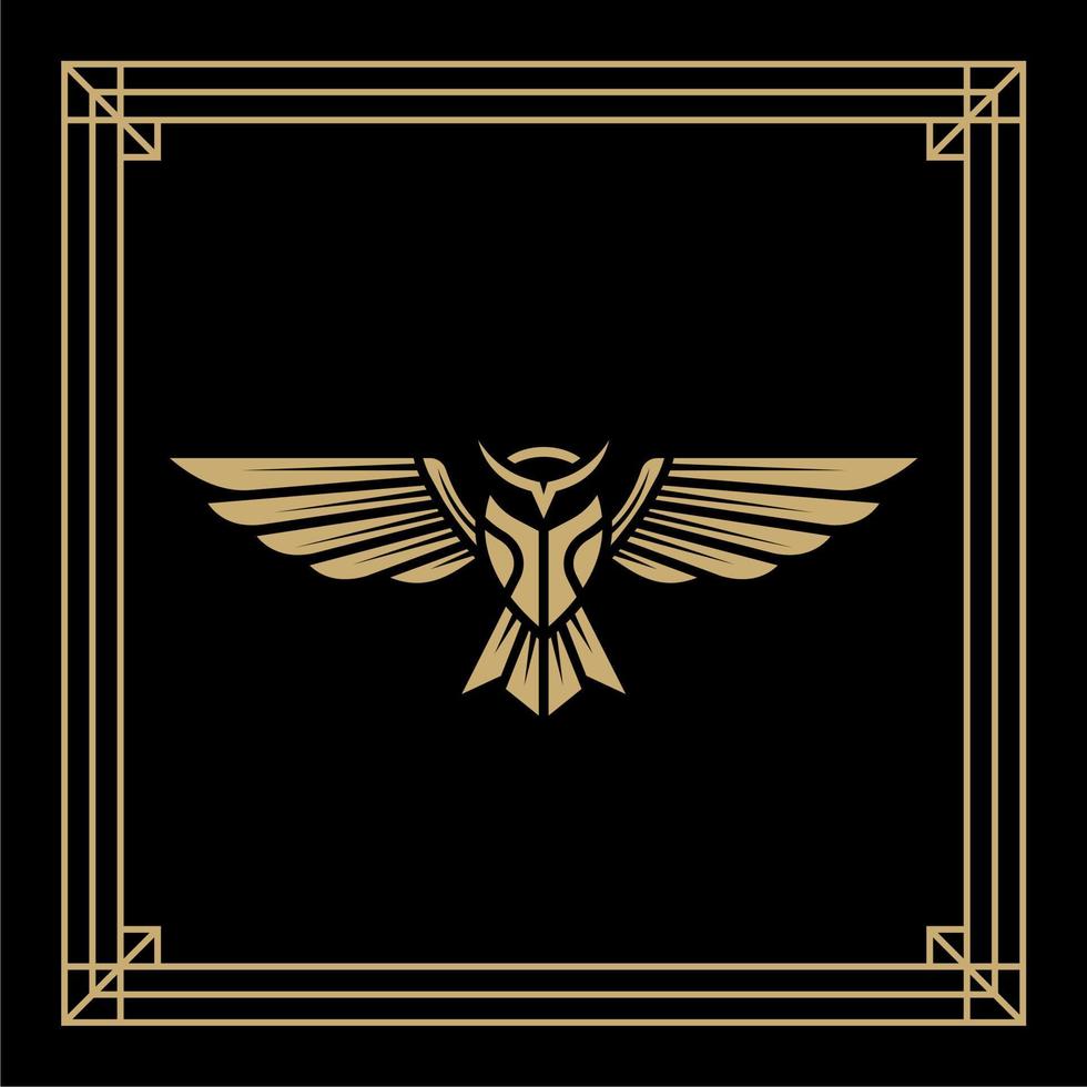 vintage owl illustration with gold hipster line linear decorative art deco frame logo vector