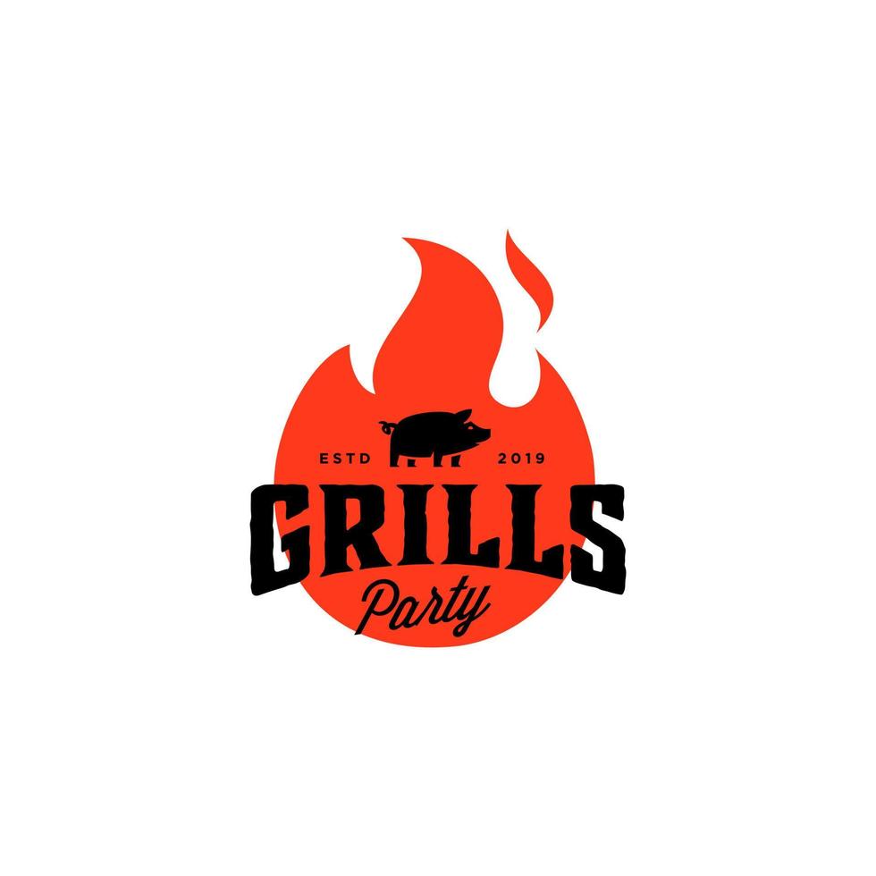 Grill Barbeque invitation party barbecue bbq with pig pork on fire flame Logo design vintage hispter vector