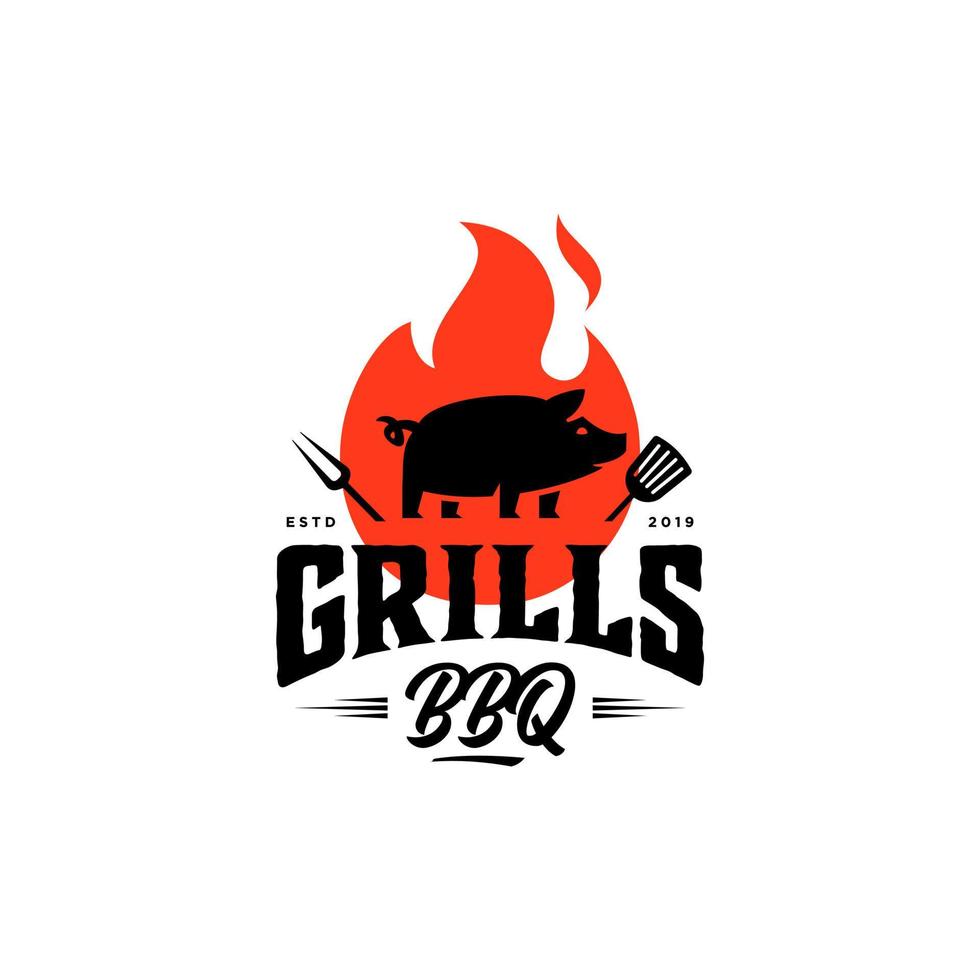 Grill Barbeque invitation party barbecue bbq with pig pork on fire flame Logo design vintage hispter vector