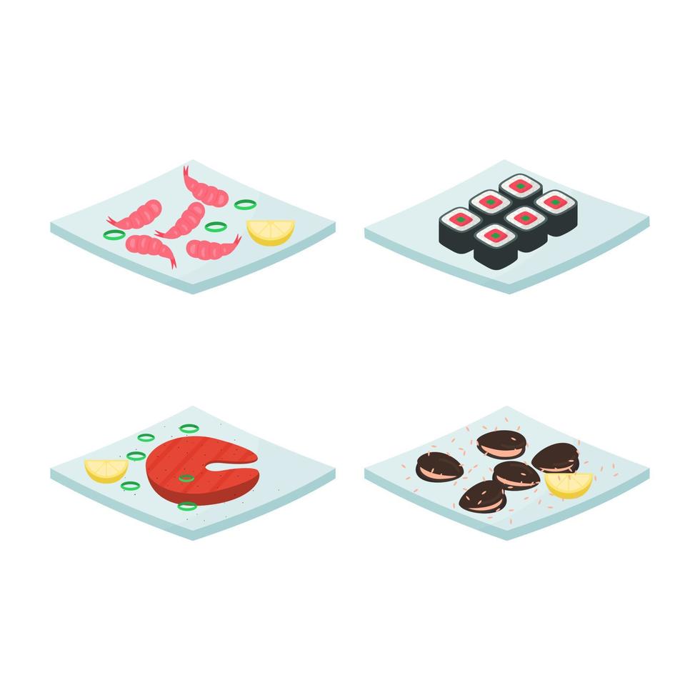 set of plates with asian food vector