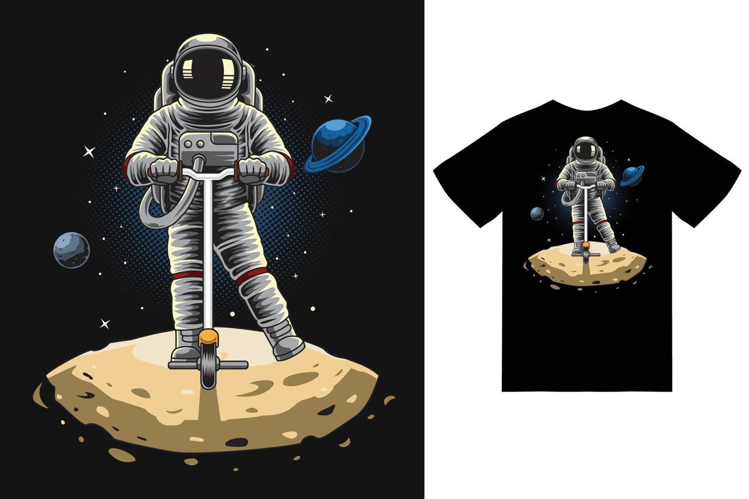 Astronaut riding otoped in the space illustration with tshirt design premium vector