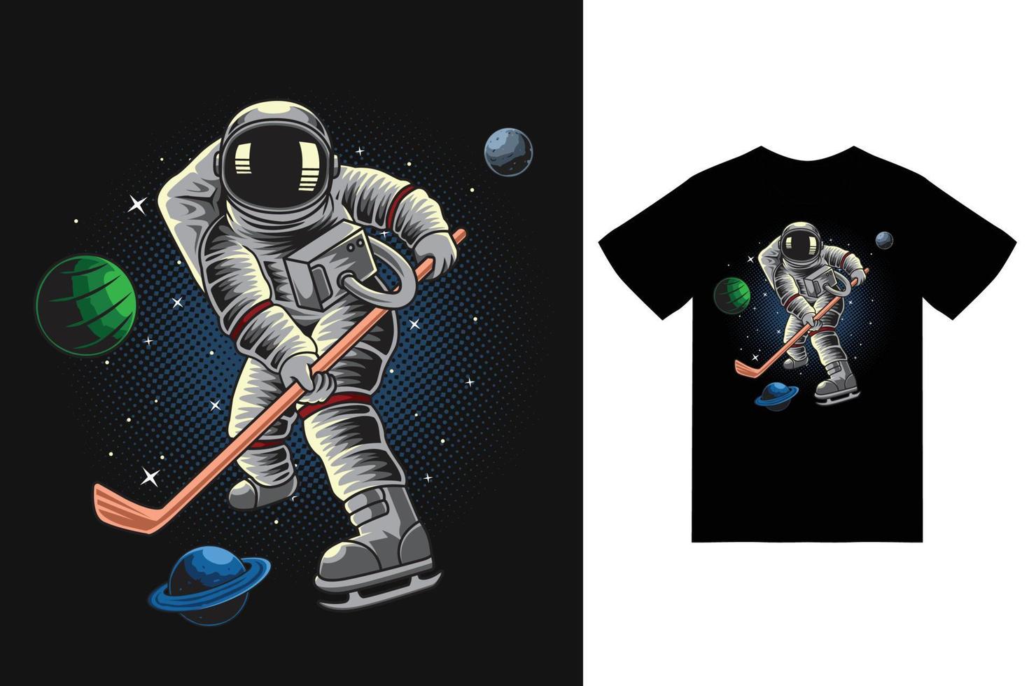 Astronaut playing hockey in space illustration with tshirt design premium vector