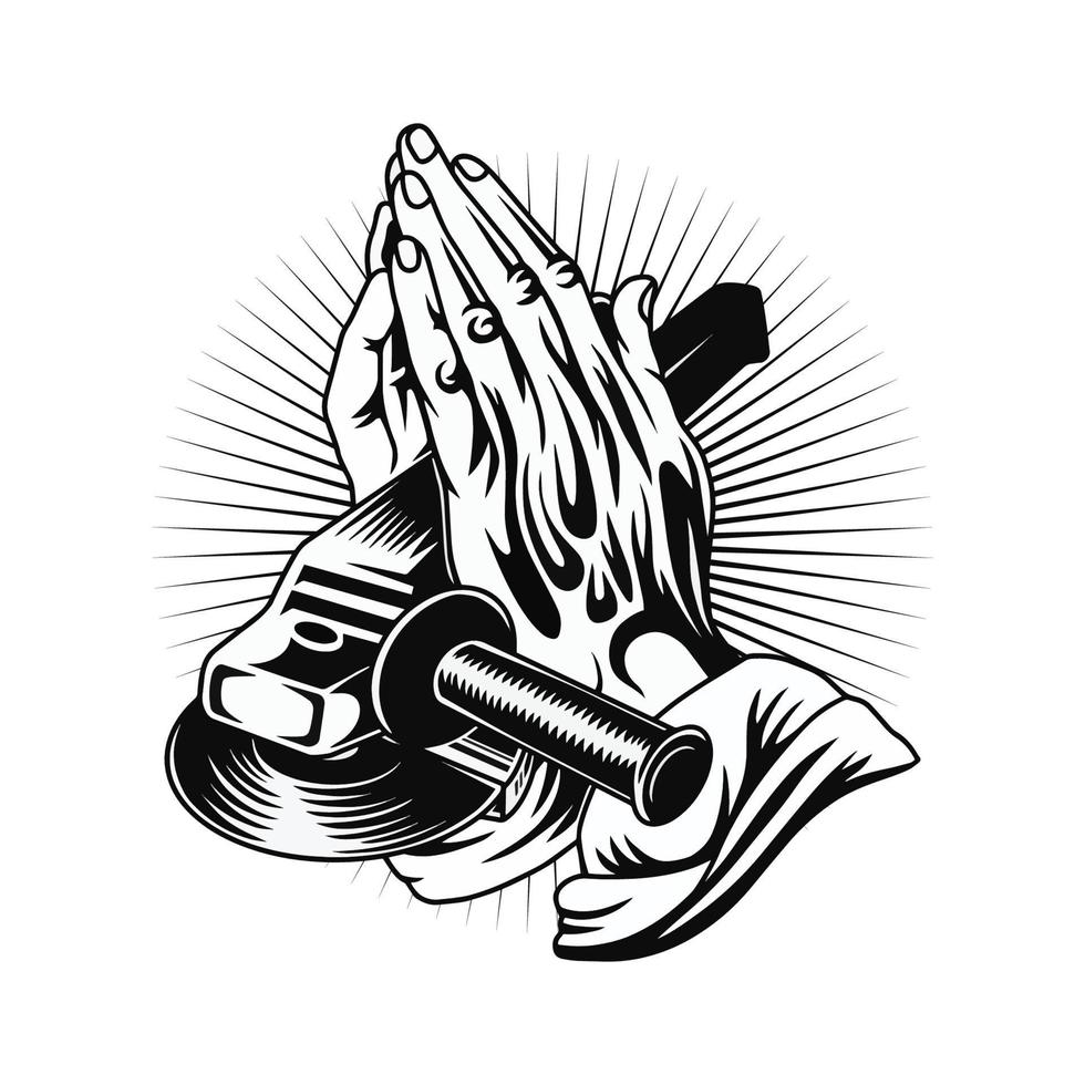 praying hands with angle grinder illustration premium vector