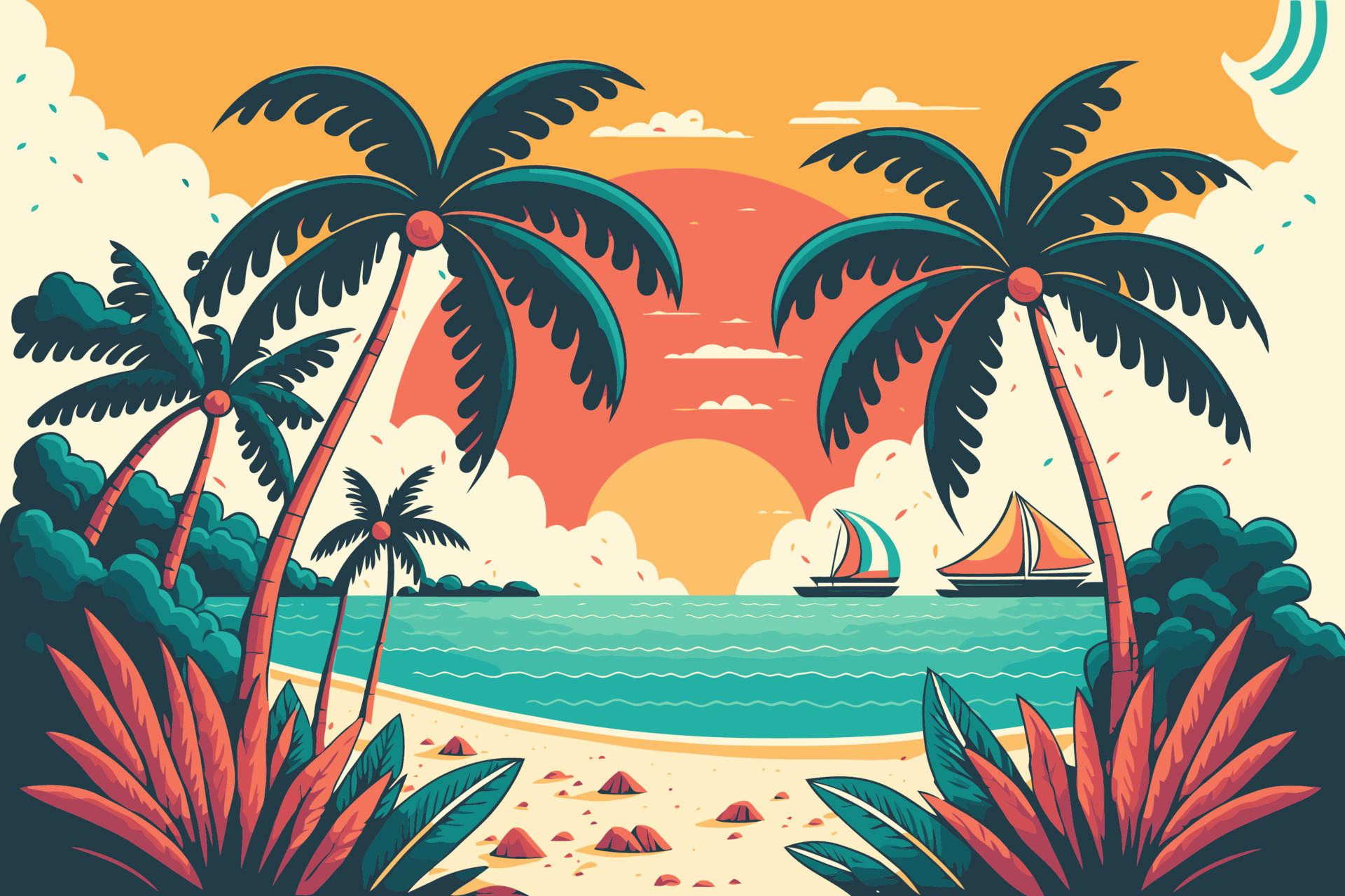 tropical summer beach ocean sunset and sunrise view cartoon vector  illustration 15696935 Vector Art at Vecteezy