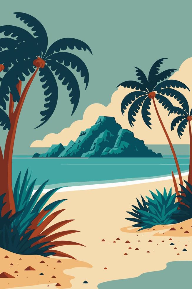 verano tropical playa océano puesta de sol y amanecer vista dibujos animados vector ilustración