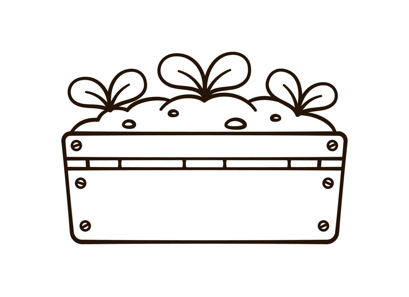 Sprout plant growing from a wooden crate cute cartoon outline line art illustration. Gardening farming agriculture coloring book page activity worksheet for kids vector