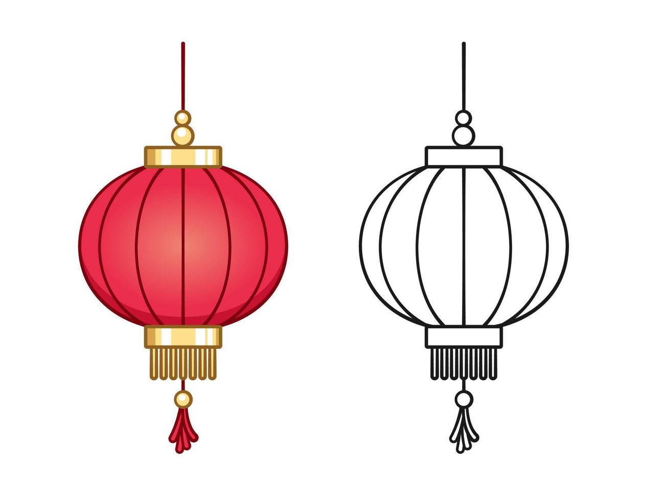 Chinese festival hanging lantern cartoon outline and colored set vector illustration. Traditional New year Asian red lamp. Coloring book page activity worksheet for kids.