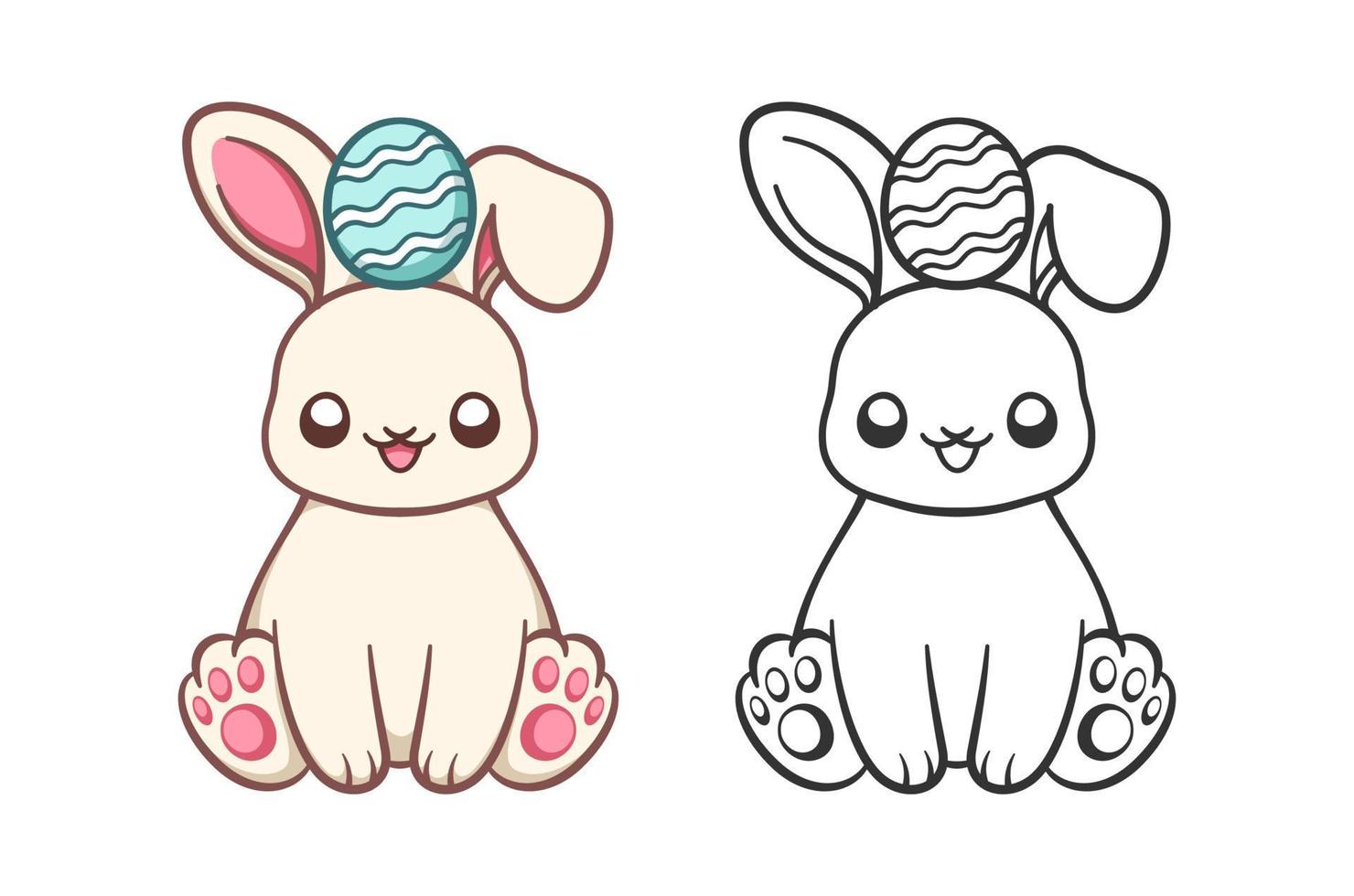 Easter bunny with egg on its head cartoon and outline illustration set vector