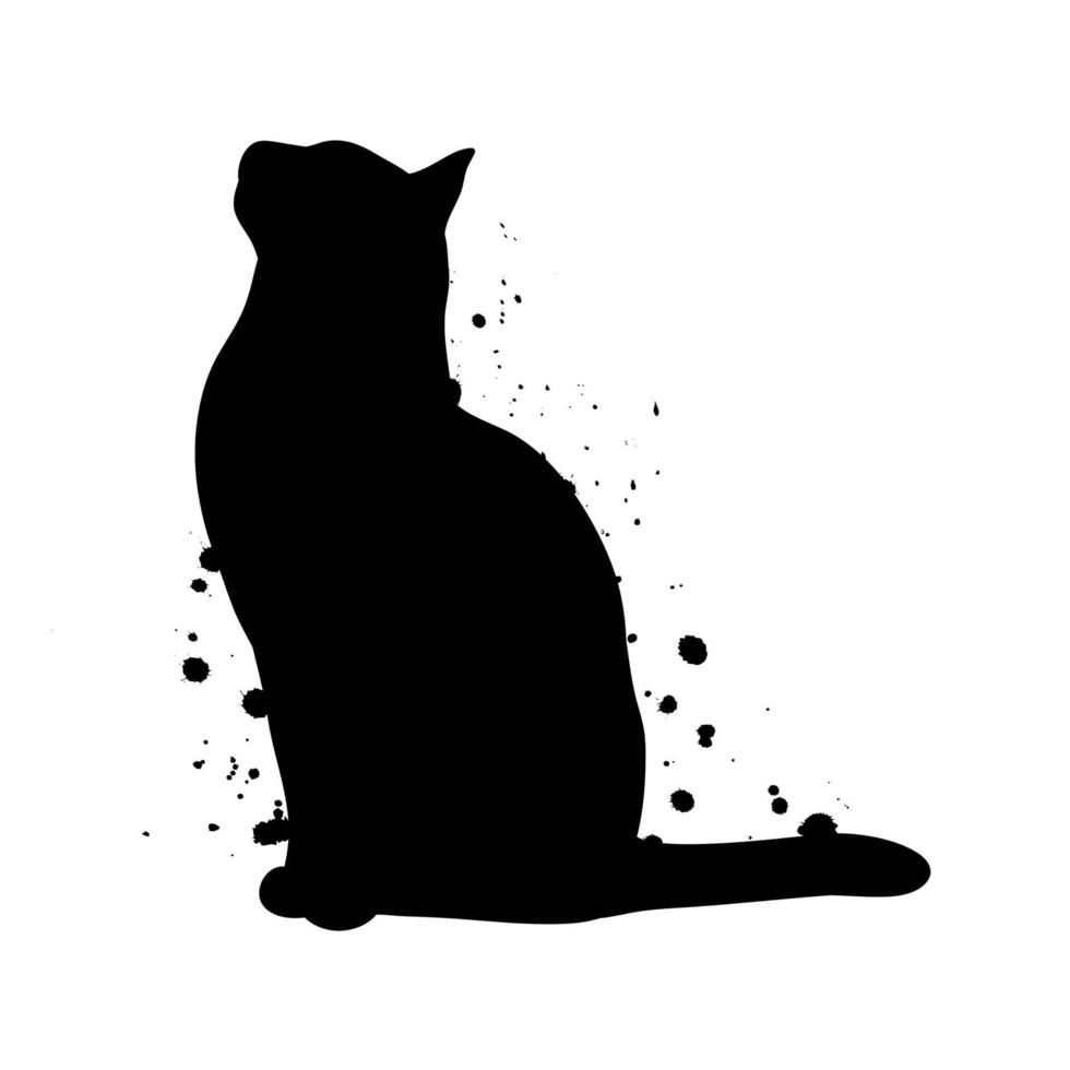 Sitting Black Cat Silhouette with Ink Splatter Abstract Illustration. vector