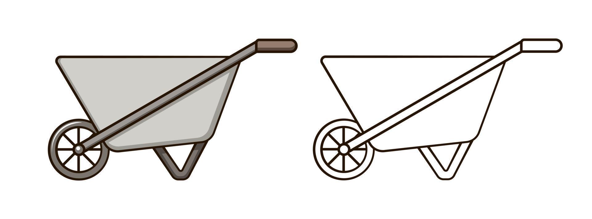 Empty steel wheelbarrow cute cartoon outline line art illustration. Gardening farming agriculture coloring book page activity worksheet for kids vector
