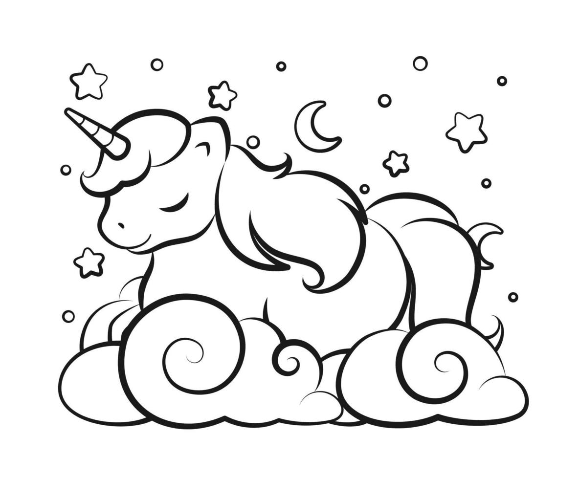 Cute unicorn sleeping on clouds in the night sky outline illustration. Easy coloring book page for kids. vector