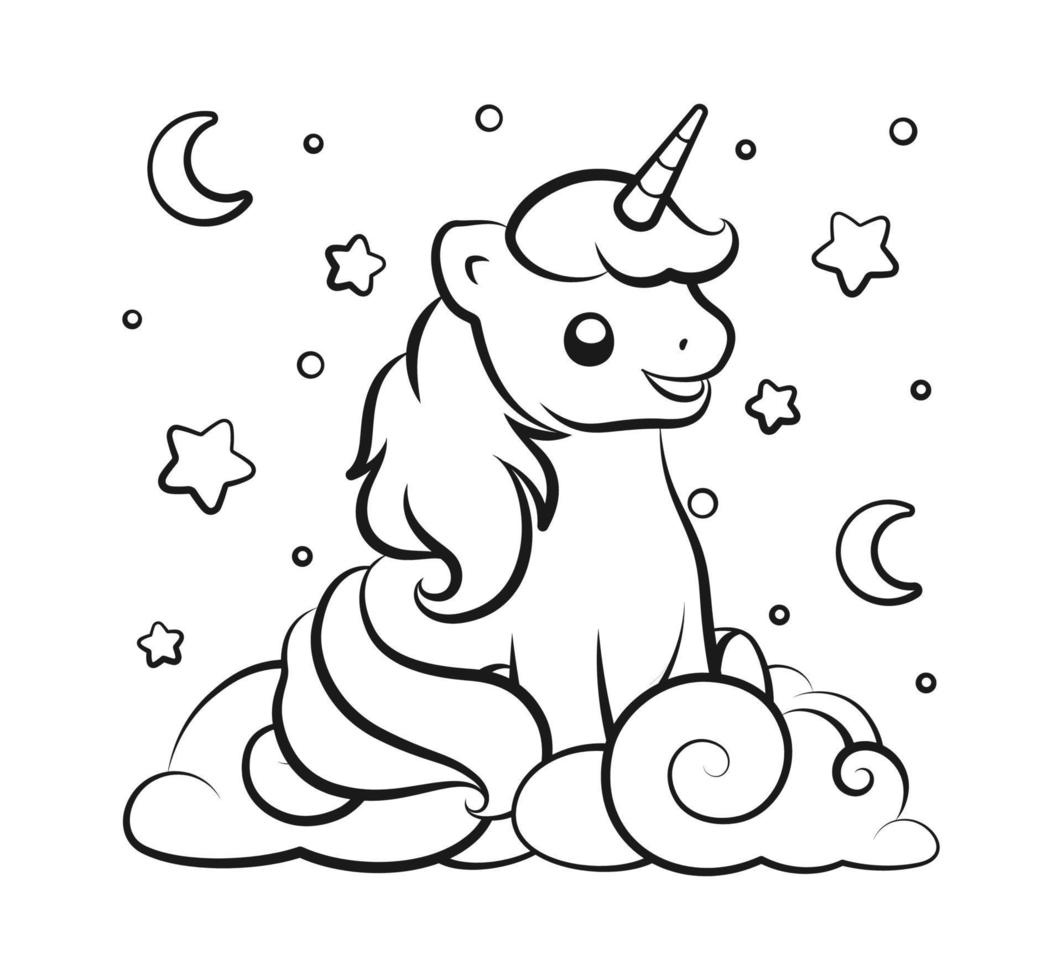 Cute happy unicorn sitting in the clouds looking up at the night sky outline illustration. Easy coloring book page for kids. vector