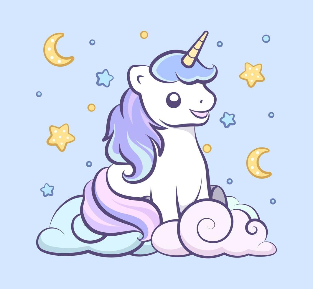 Cute happy unicorn sitting in the clouds looking up at the night sky illustration wall art card print for kids. vector