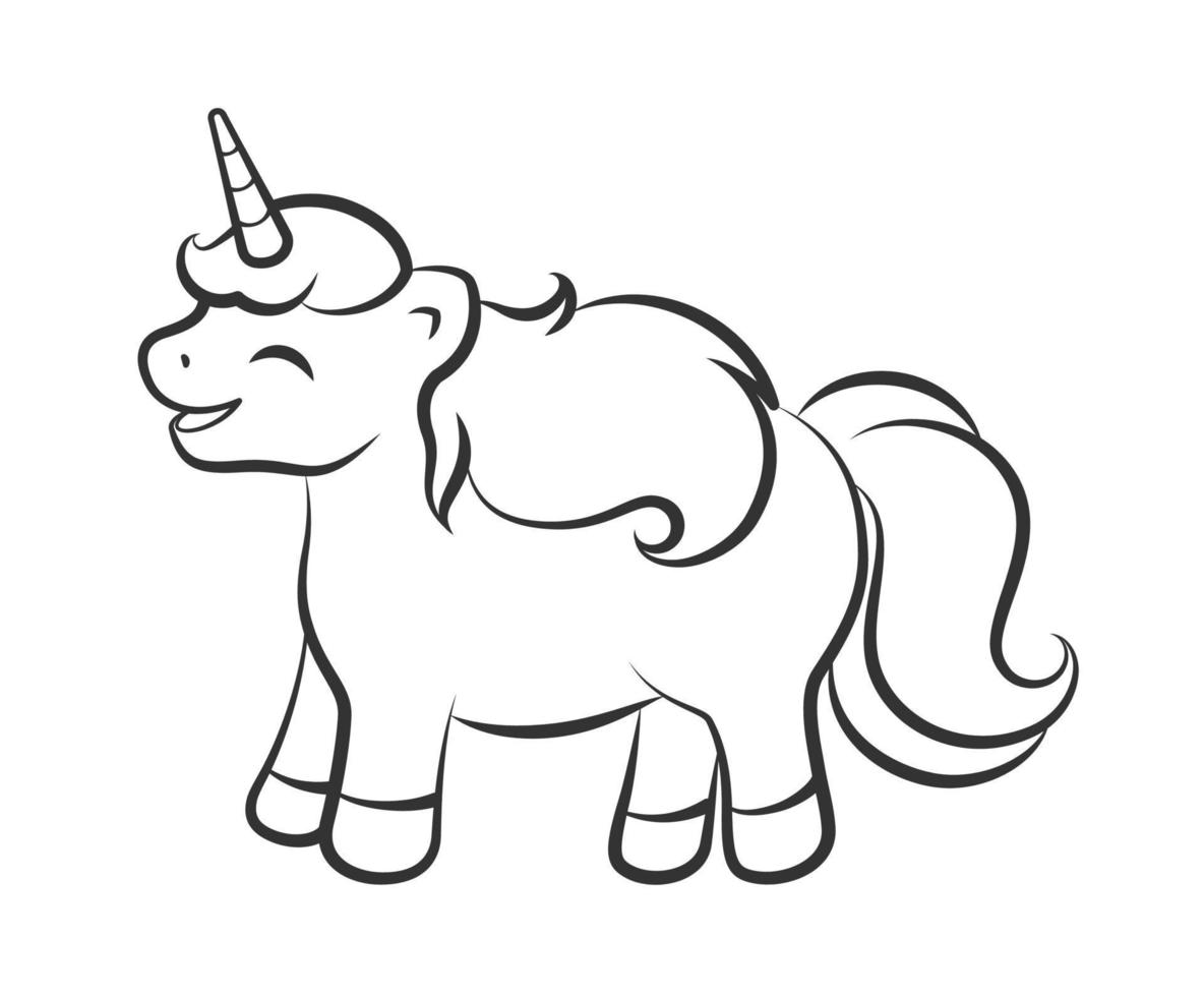 Happy laughing unicorn outline illustration. Easy coloring book page for kids. vector