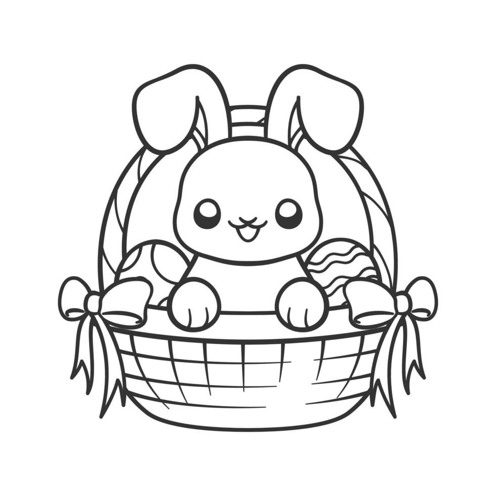 Easter bunny inside woven basket with colorful Easter eggs cartoon outline illustration. Easy coloring book page for kids vector