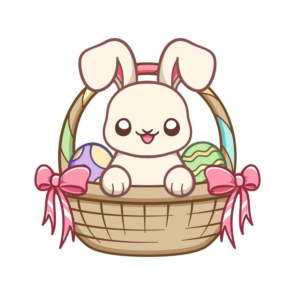Easter bunny inside woven basket with colorful Easter eggs cartoon illustration vector
