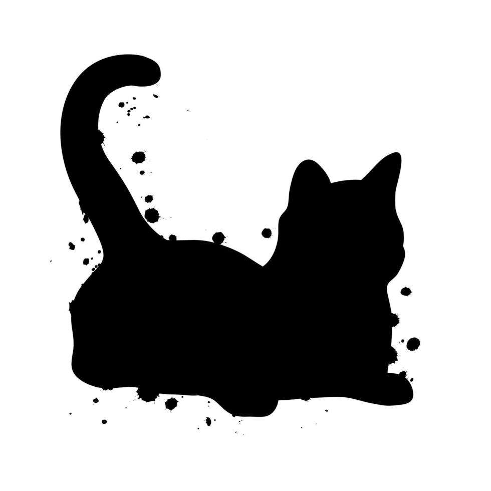 Sitting Black Cat Silhouette with Ink Splatter Abstract Illustration. vector