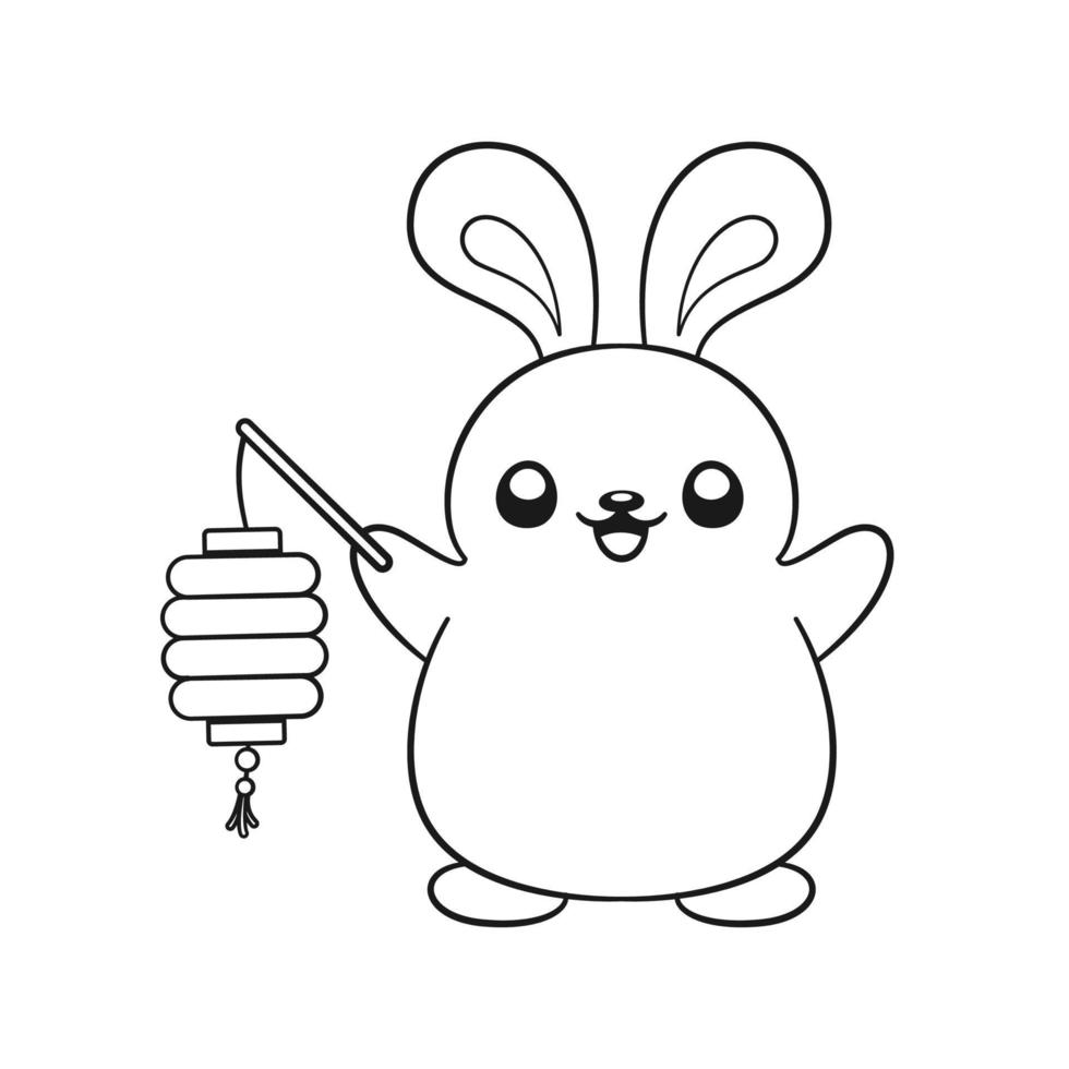 Cute rabbit holding a Chinese lantern outline cartoon illustration