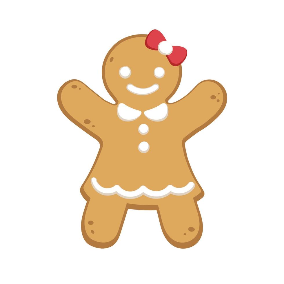 Gingerbread girl cookie with ribbon and dress. Winter Christmas food cartoon illustration. vector