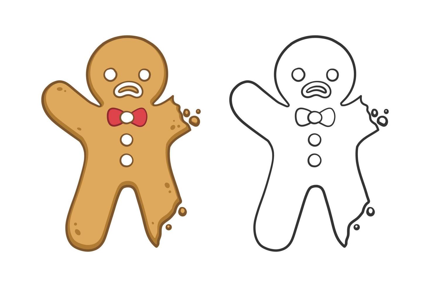 Gingerbread man cookie with bite outline and colored doodle cartoon illustration set. Winter Christmas food theme coloring book page activity for kids. vector