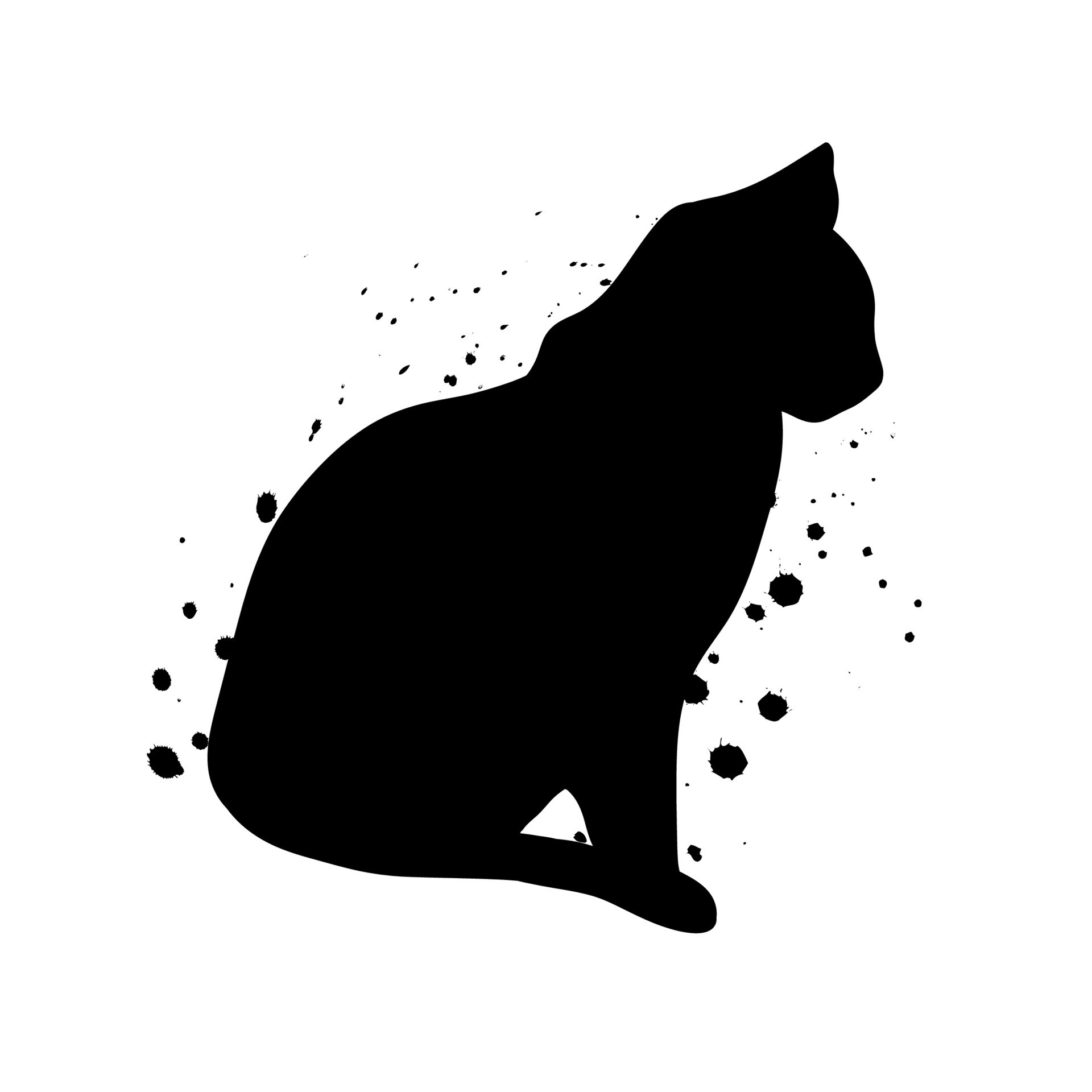 Sitting Black Cat Silhouette with Ink Splatter Abstract Illustration