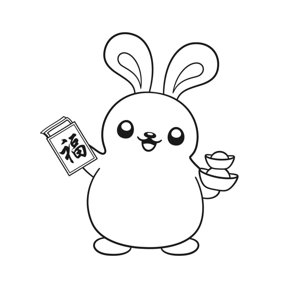 Cute rabbit holding a red envelope with the Chinese character meaning good fortune outline illustration.  Chinese Zodiac Animal, Year of the Rabbit 2023, New year and Mid Autumn Moon festival vector