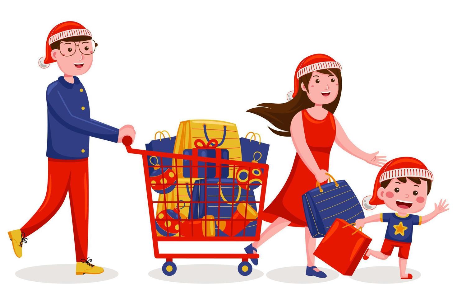 Family Shopping Christmas Sale Vector Illustration