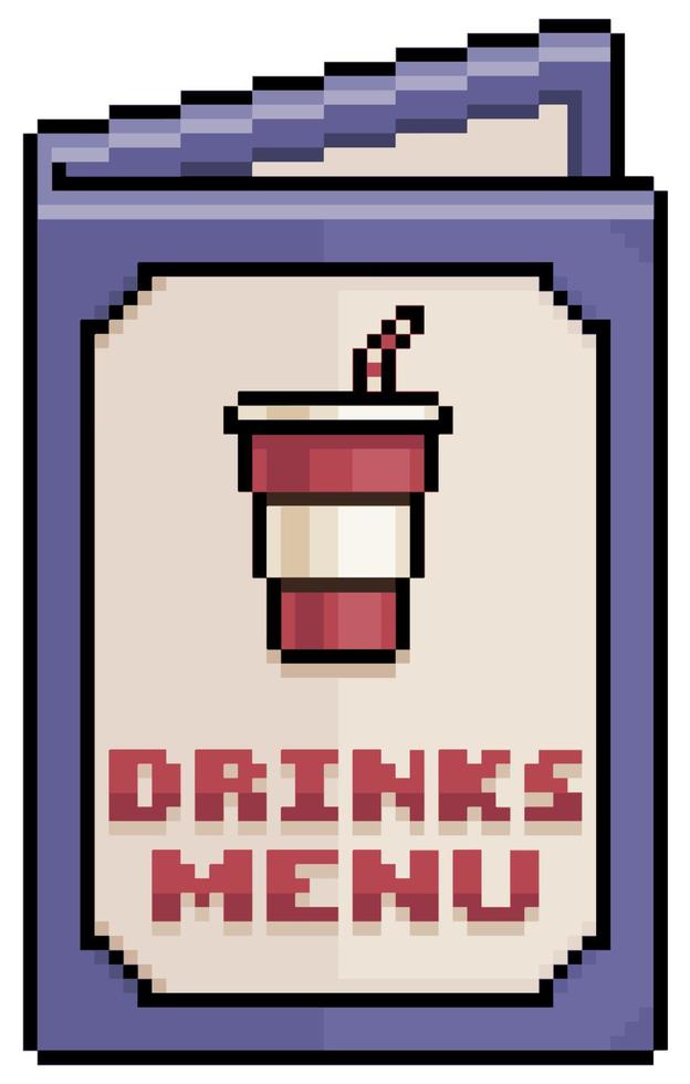 menú de bebidas de pixel art, icono de vector de menú de papel para juego de 8 bits sobre fondo blanco