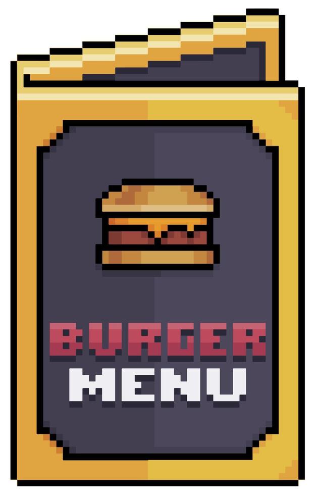 Pixel art burger menu, paper menu vector icon for 8bit game on white background