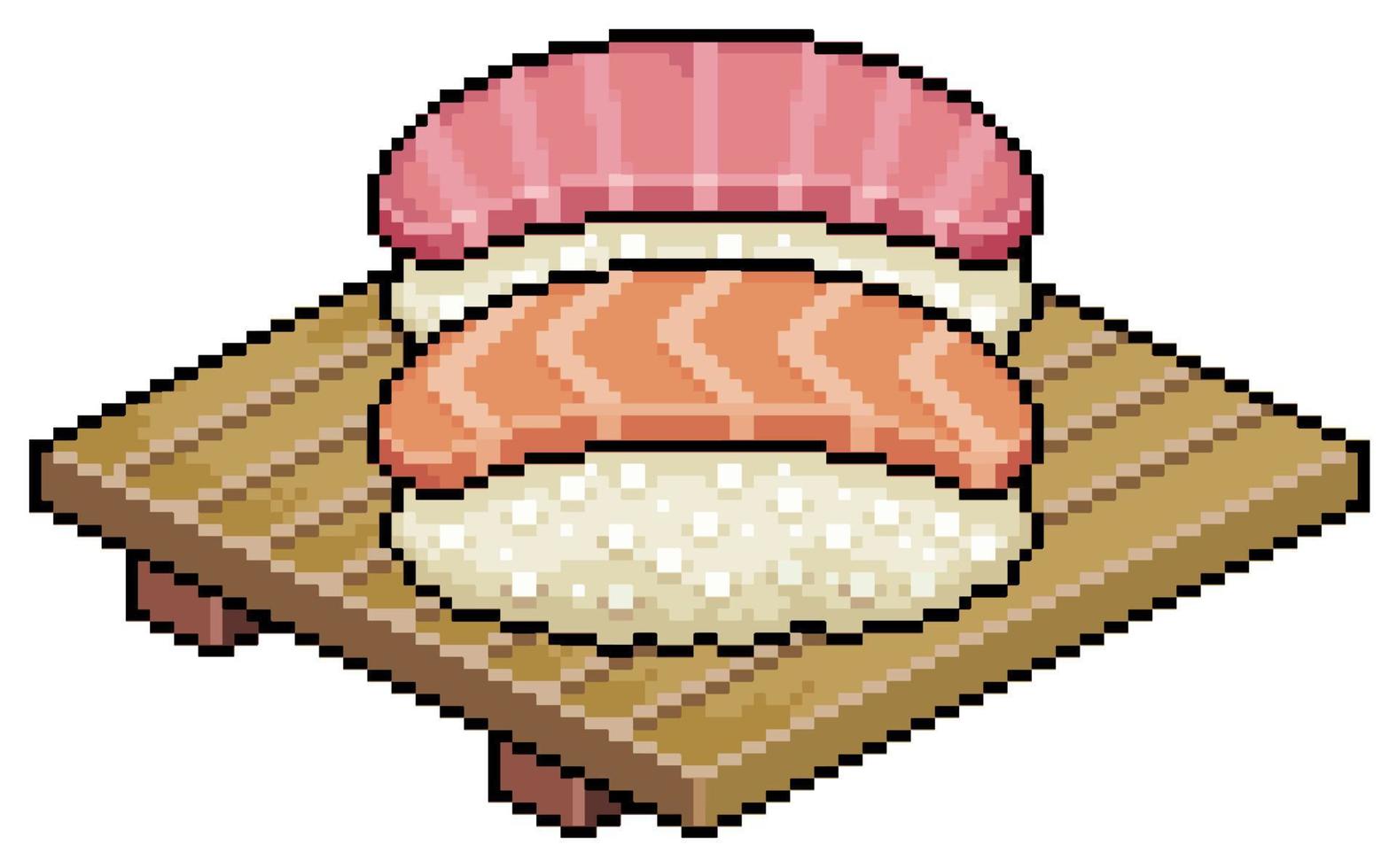 Pixel art sake nigiri and toro nigiri on wooden board for sushi vector icon for 8bit game on white background