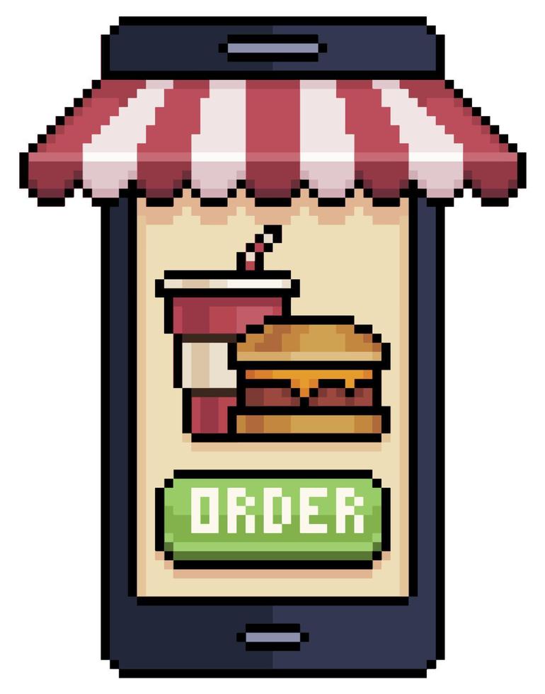 teléfono móvil de pixel art pidiendo hamburguesas y refrescos en el icono de vector de aplicación de alimentos para juego de 8 bits sobre fondo blanco