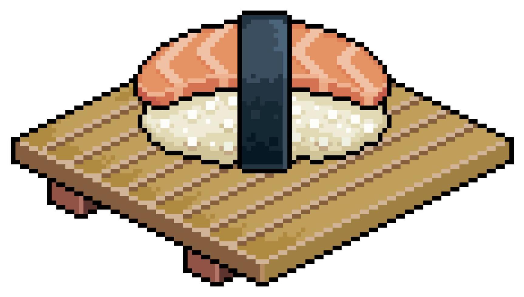 Pixel art sake nigiri on wooden board for sushi vector icon for 8bit game on white background