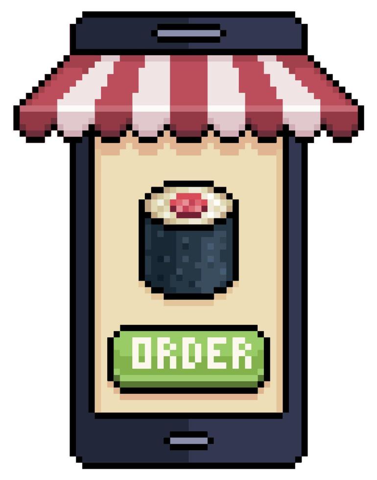 Pixel art mobile phone ordering sushi in food app vector icon for 8bit game on white background