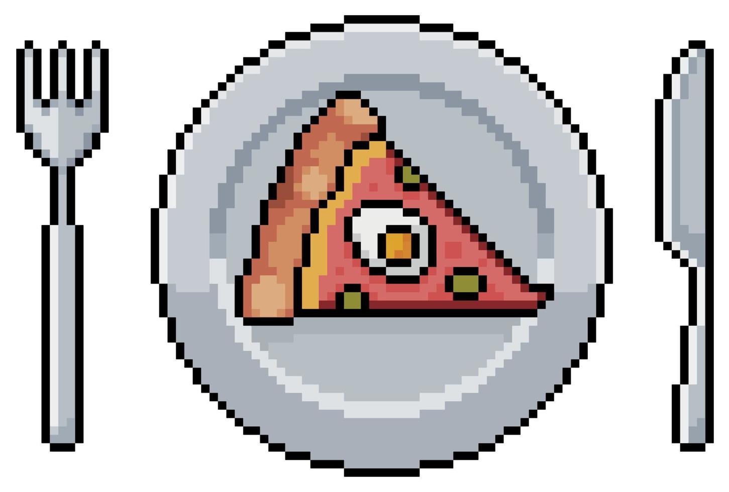 placa de arte de píxeles con pizza portuguesa e icono de vector de cubiertos para juego de 8 bits sobre fondo blanco