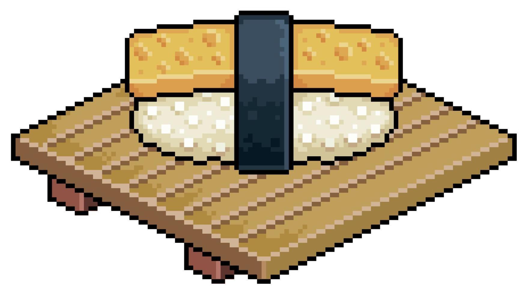 Pixel art tamago nigiri on wooden board for sushi vector icon for 8bit game on white background