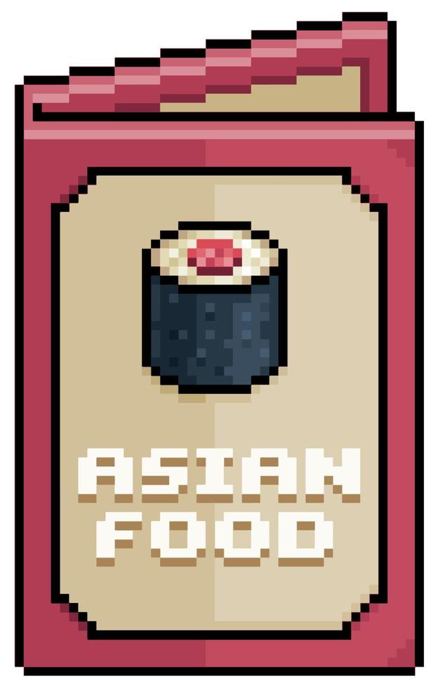 Pixel art menu asian food, paper menu vector icon for 8bit game on white background