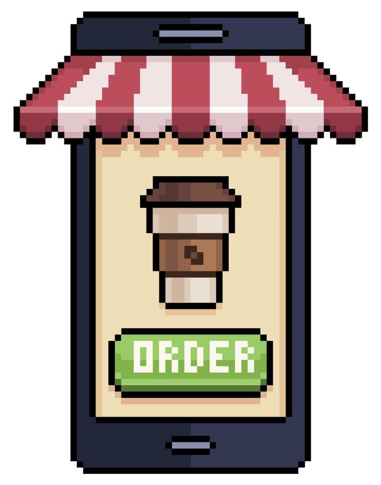 Pixel art cell phone ordering coffee in food app vector icon for 8bit game on white background