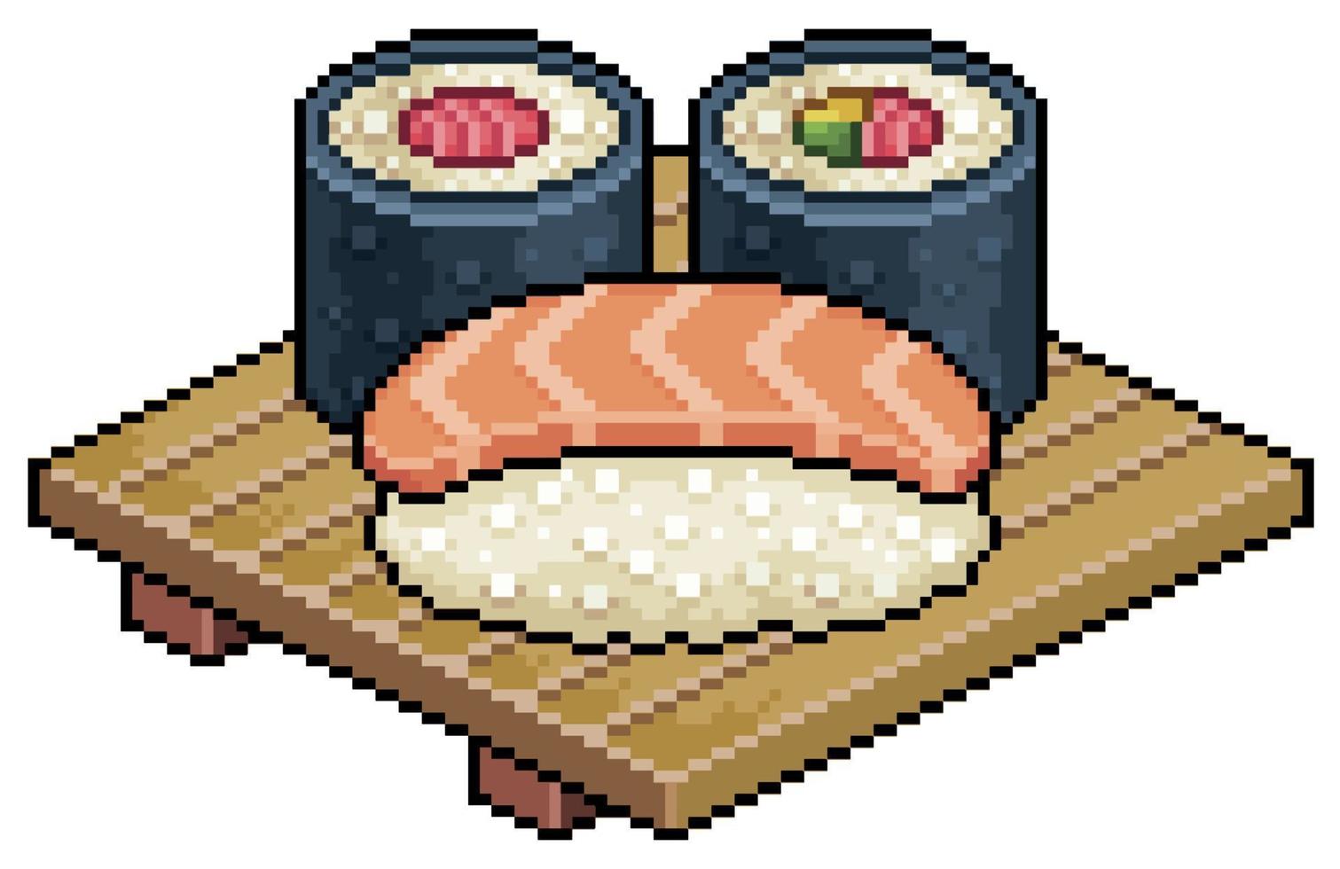 Pixel art sake nigiri, tekka maki, futomaki on wooden board for sushi japanese food vector icon
