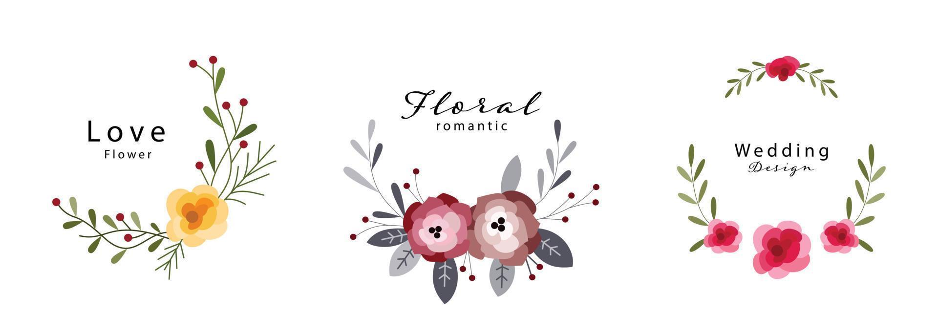 Set of round floral frame for romantic copy space template design. Flower wreath illustration in vintage style for wedding invitation, postcard, poster, and ornament vector
