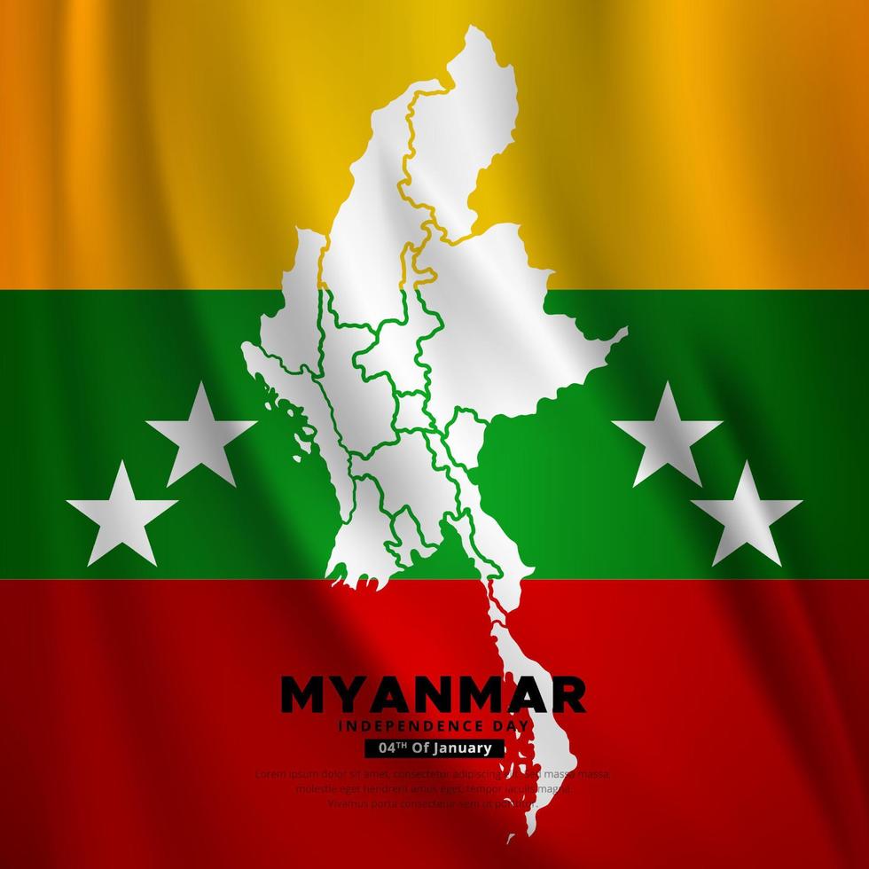 Myanmar Independence Day design with wavy flag and maps. Myanmar Independence Day vector