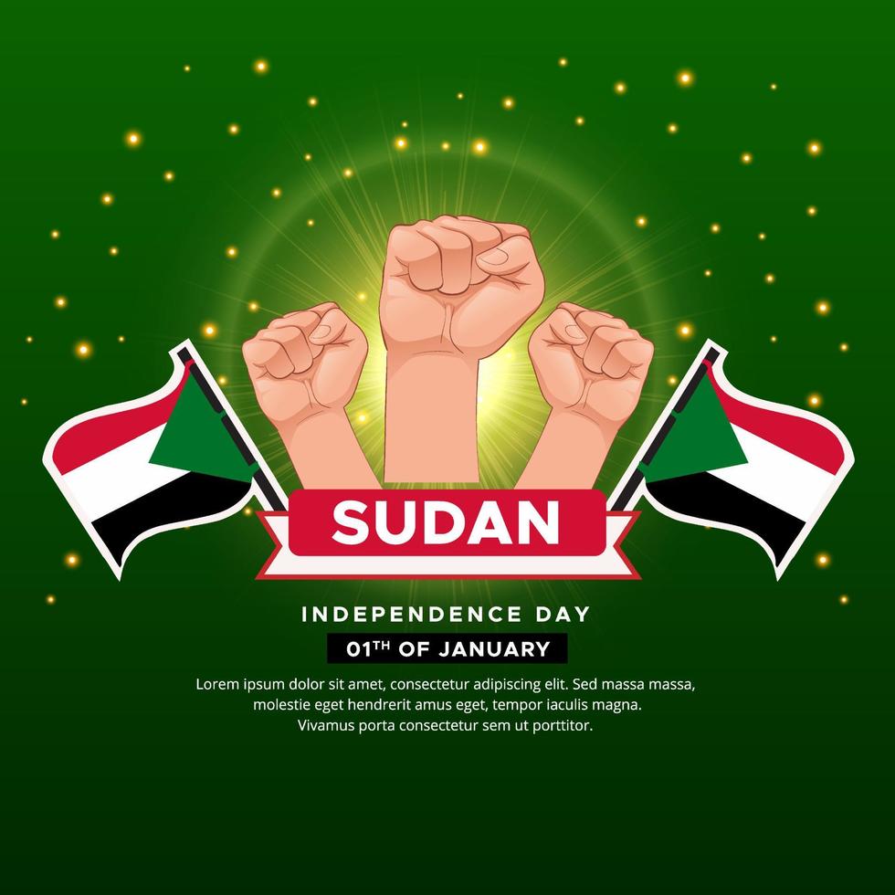 Shiny Sudan Independence Day design with wavy flag and gesture fist. vector